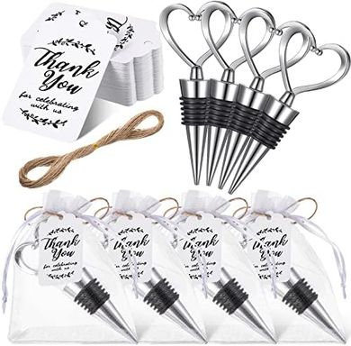 Heart-Shaped Wine Stoppers & Wedding Gift Bags with Labels
