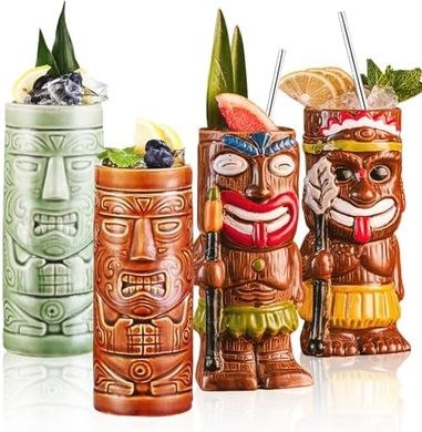 Ceramic Tiki Mug Cocktail Set: 4 mugs, straws, coasters.
