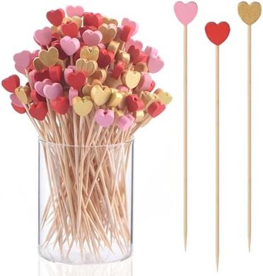 Heart-Shaped Bamboo Cocktail Picks (100-pack, 4.7") for Parties
