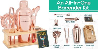 Copper Cocktail Shaker Set with Recipes & Accessories
