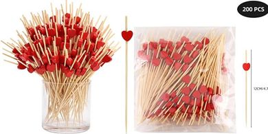 Red Heart Bamboo Cocktail Picks (200pc, 4.7") for Parties
