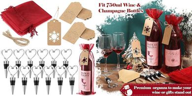 Heart Wine Stoppers with Organza Bags & Tags (12 pcs)
