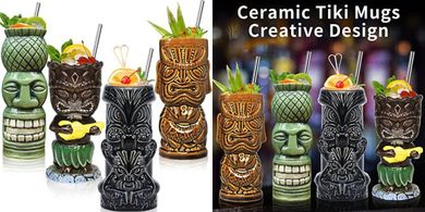 Tiki Mug Set: 4 Large Ceramic Cups for Tropical Cocktails
