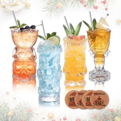 Tiki Cocktail Glass Set: 4 Glasses, Straws, Coasters
