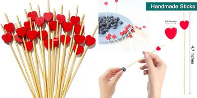 100 Bamboo Cocktail Picks (4.7", Red Heart) for Parties & Appetizers
