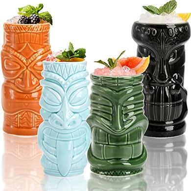 Tiki Mug Set: 4 Ceramic Cups (20/18/16 oz) for Cocktails
