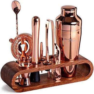 Copper Mixology Bar Tool Set with Mahogany Stand
