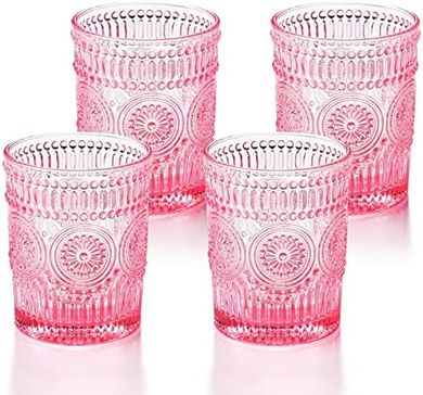 Pink Vintage Drinking Glasses (4-pack, 10.5 oz) for Beverages
