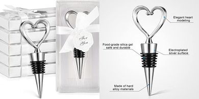 Silver Heart Wine Stoppers: 30-Piece Wedding Favors with Box
