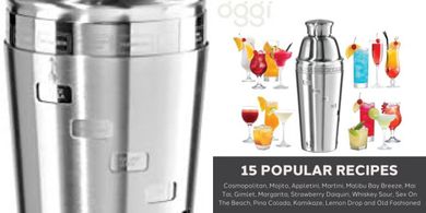 OGGI Dial-A-Drink Cocktail Shaker: 15 Recipes, Built-in Strainer, 34 oz