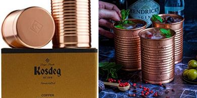 Copper Cocktail Tins: 2 x 12oz Ice-Cold Cups, Bean Design
