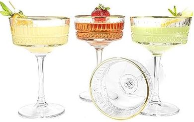 Vintage Coupe Glasses Set: 4 Gold-Rimmed, 8.8oz Champagne/Cocktail/Martini/Wine Glasses
