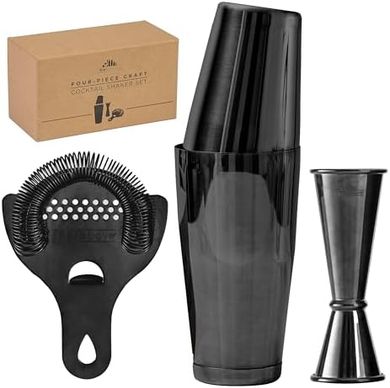 Premium 4-Piece Cocktail Shaker Set: Boston, Jigger, Strainer