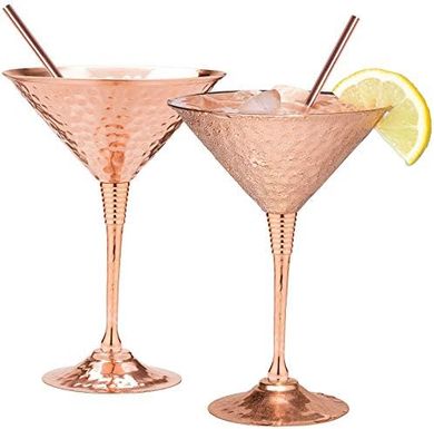 Hand-hammered Copper Martini Goblets (Set of 2) with Straws