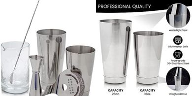 Premium Bartending Set: Shaker, Strainer, Jigger, Spoon & Mixing Glass