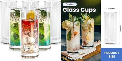 Six 12oz Highball/Collins Glasses: Cocktails, Iced Tea, Milk