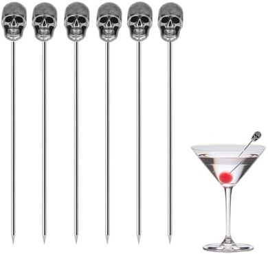 Skull Cocktail Picks: 6 Metal Skewers, 4.5"
