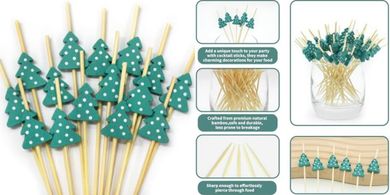Bamboo Christmas Cocktail Picks: Festive Appetizer & Drink Garnishes