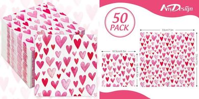Pink Watercolor Heart Napkins (50-pack) for Valentine