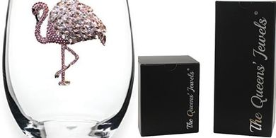 Hand-decorated, dazzling flamingo wine glasses with sparkling jewels.