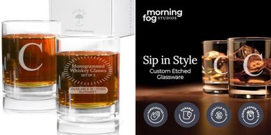 Engraved Monogram Whiskey Glasses: 2-pack, 12.5 oz, Gift Set for Men

