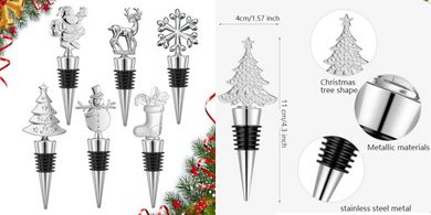 Silver Christmas Wine Bottle Stoppers (6-pack, reusable)