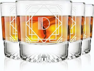 Greenline Art Deco D Whiskey Glasses: 4 Crystal Rocks Glasses